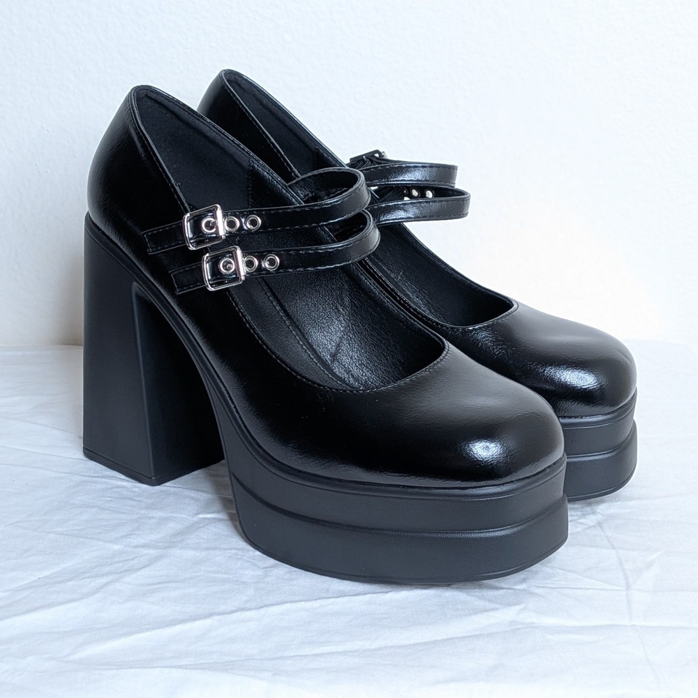Cuccoo LuxiPop Black Double Strap Platform Mary Jane Block Heel Pumps 41 US 9.5